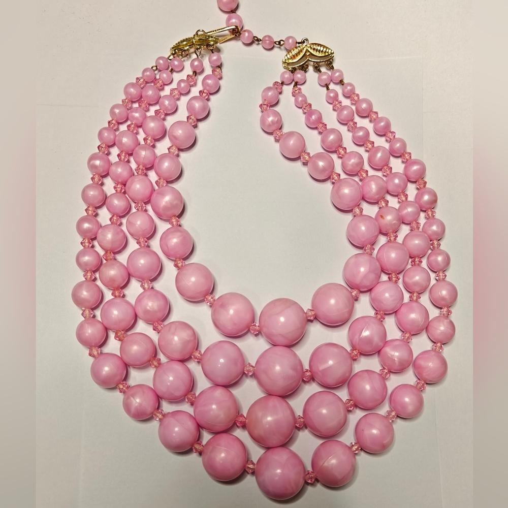 Vintage Signed West Germany Marbled Pink Beaded Necklace